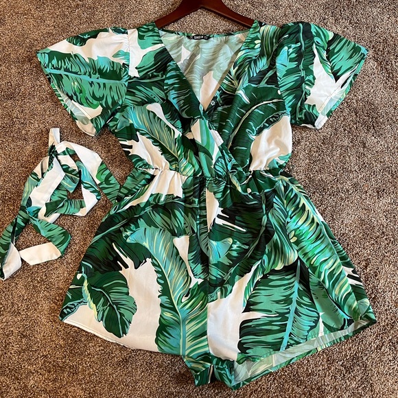 Tropical print belted romper